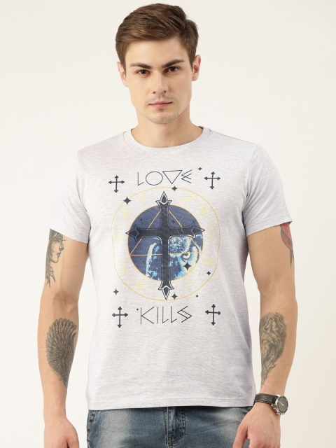 

QUANCIOUS Men Grey Melange Printed Round Neck T-shirt