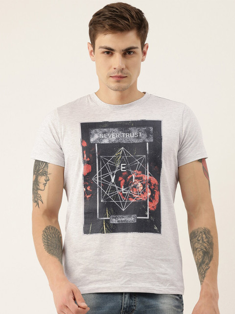 

QUANCIOUS Men Grey Melange Printed Round Neck Sustainable T-shirt
