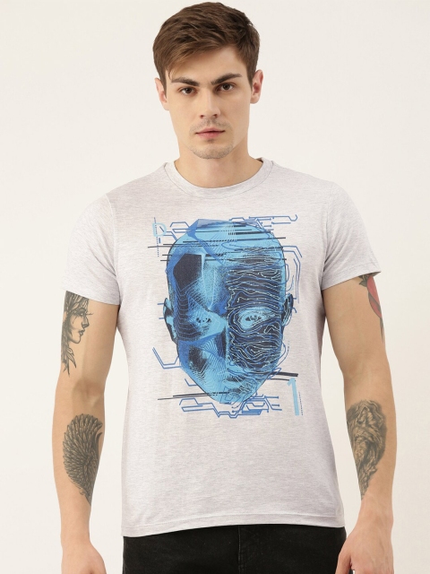 

QUANCIOUS Men Grey Melange Printed Round Neck T-shirt