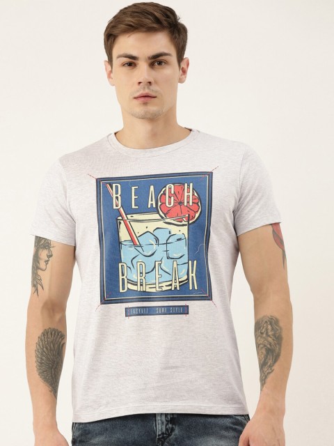 

QUANCIOUS Men Grey Melange Printed Round Neck Sustainable T-shirt