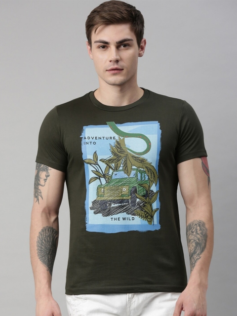 

QUANCIOUS Men Olive Green Printed Round Neck Sustainable T-shirt