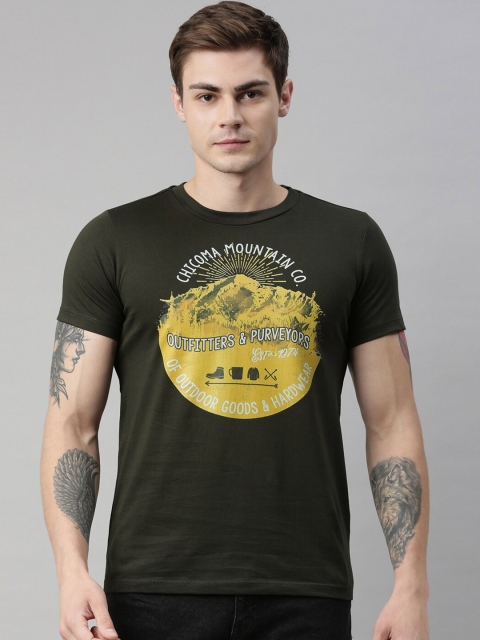 

QUANCIOUS Men Olive Green Printed Round Neck Sustainable T-shirt