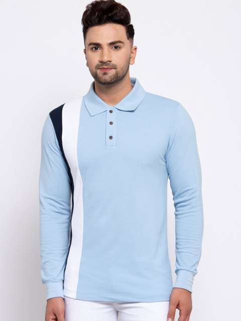 

Kalt Men Blue & White Colorblocked Polo Collar T-shirt