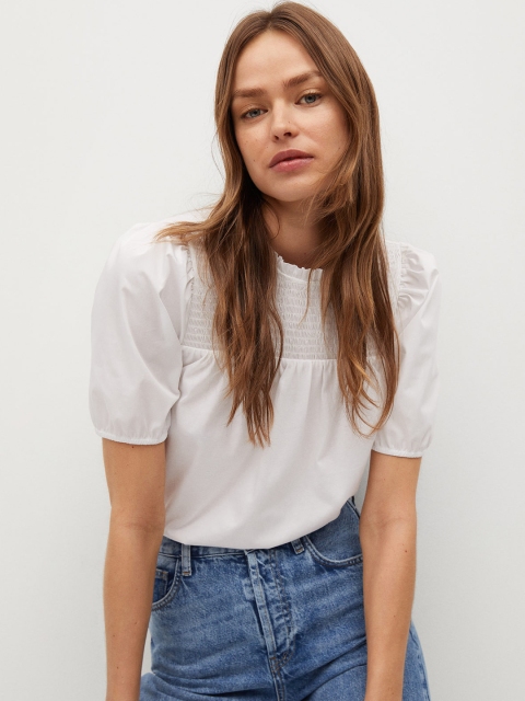 

MANGO White Solid Pure Cotton Sustainable Smocked A-Line Top