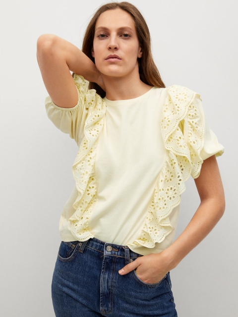 

MANGO Yellow Solid Pure Cotton Sustainable Schiffli Ruffles Regular Top