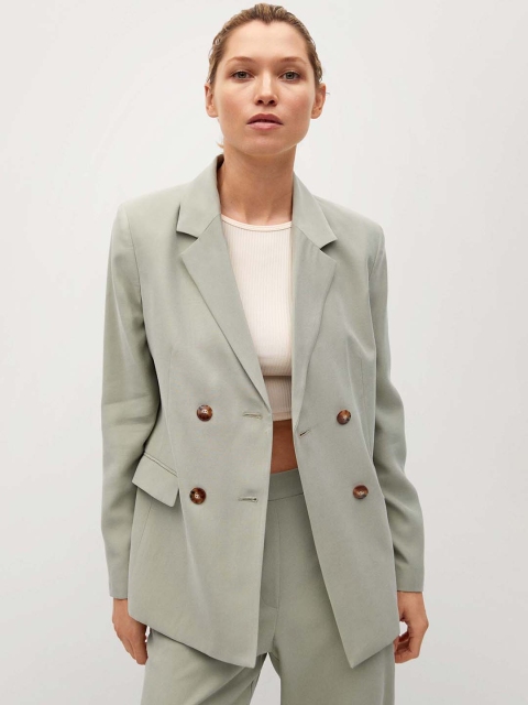 

MANGO Women Green Solid Double Breasted Sustainable Casual Blazer