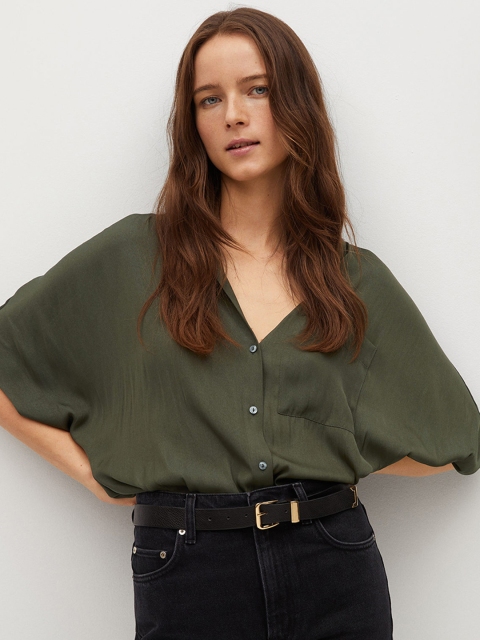 

MANGO Women Olive Green Regular Fit Solid Satin Finish Casual Shirt