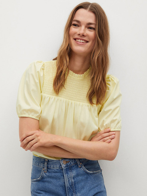 

MANGO Yellow Smocked Cotton Regular Top