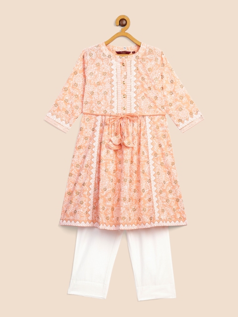 

Sangria Girls Peach-Coloured & White Printed Regular Pure Cotton Kurta with Pyjamas