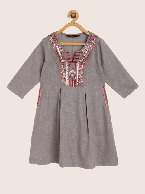 

Sangria Girls Grey & White Yoke Ethnic Embroidered Mirror Work Cotton Fit & Flare Dress