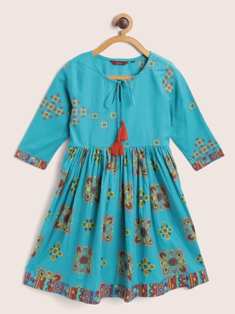 

Sangria Girls Blue & Yellow Ethnic Motif Print Cotton Fit & Flare Dress