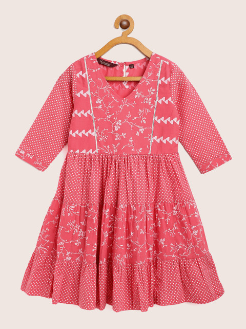

Sangria Girls Pink & White Ethnic Motifs Print Tiered Pure Cotton A-Line Dress
