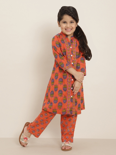 

Sangria Girls Peach-Coloured & Purple Ethnic Motifs Print Pure Cotton Kurta with Trousers