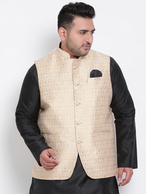 Hangup Men Beige & Gold-Colored Woven Design Jacquard Nehru Jacket