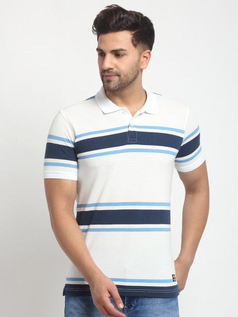

Club York Men White & Blue Striped Polo Collar T-shirt