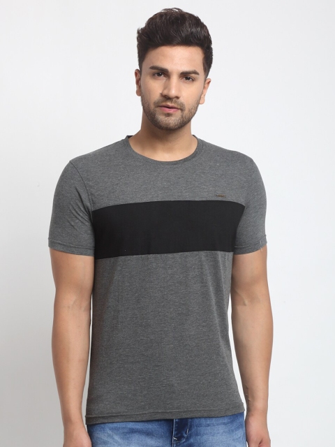 

Club York Men Charcoal Grey Black Colourblocked Round Neck Pure Cotton T-shirt