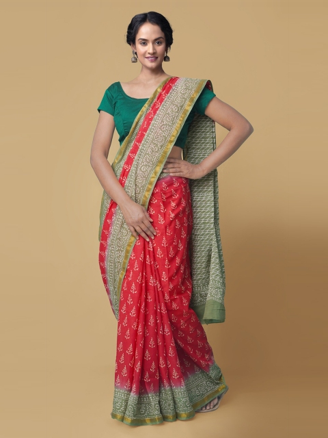 

Unnati Silks Red Pure Cotton Hand Printed Block Print Saree