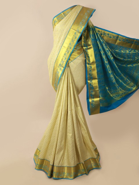 

Pothys Cream-Coloured & Blue Pure Silk Woven Design Kanjeevaram Saree