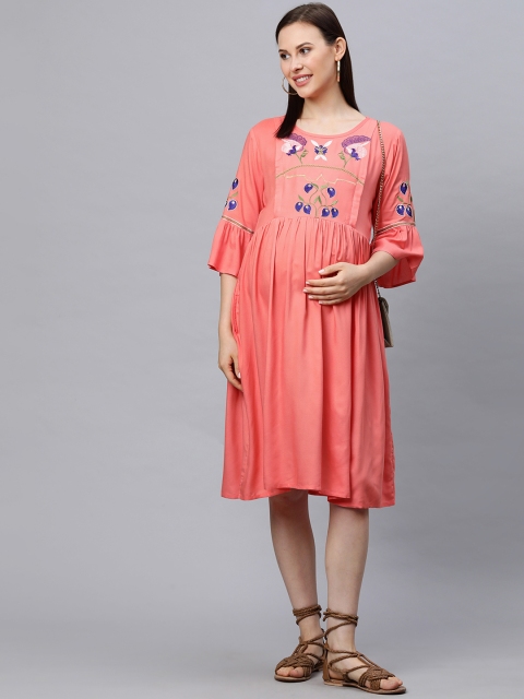 

MomToBe Women Peach-Coloured Embroidered Maternity Dress