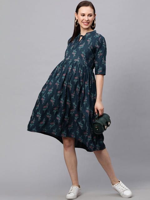 

MomToBe Women Blue Printed Maternity & Feeding A-Line Dress