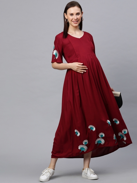 

MomToBe Women Maroon Solid Maternity Maxi Dress