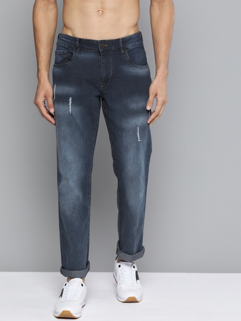

HERE&NOW Men Navy Blue Slim Fit Low Distress Light Fade Stretchable Jeans
