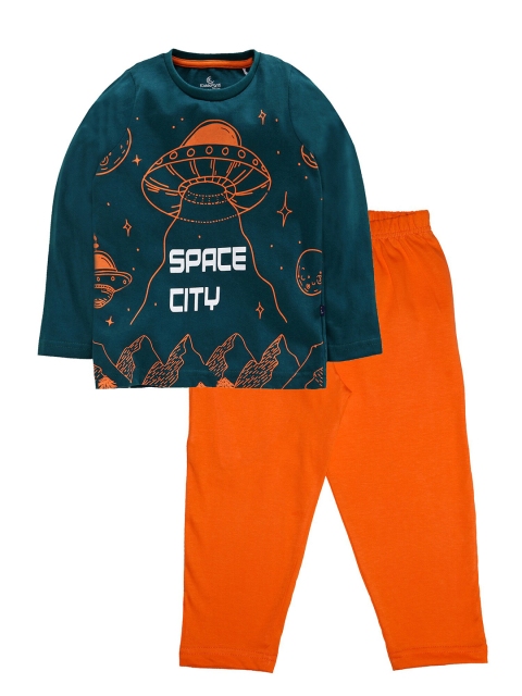 

KiddoPanti Boys Teal & Orange Printed Night suit