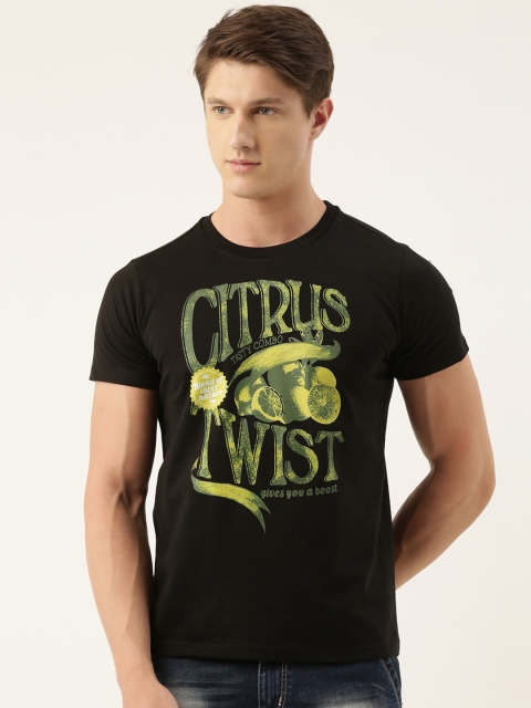 

QUANCIOUS Men Black Printed Round Neck T-shirt