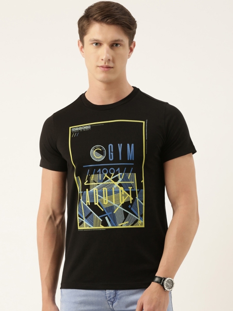 

QUANCIOUS Men Black Printed Round Neck T-shirt