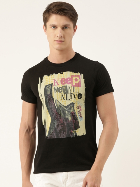 

QUANCIOUS Men Black Printed Round Neck T-shirt