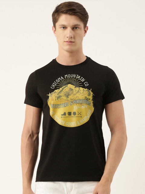 

QUANCIOUS Men Black Printed Round Neck T-shirt