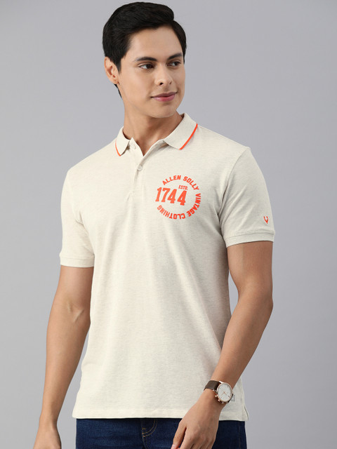 

Allen Solly Sport Men Off White Polo Collar Pure Cotton T-shirt with Print Detail