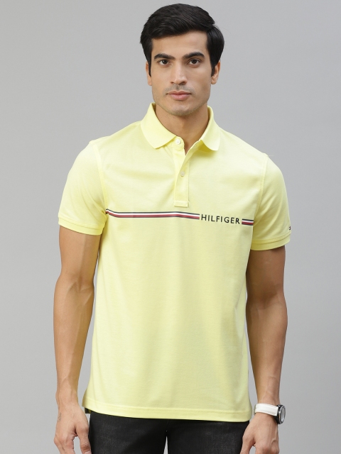 

Tommy Hilfiger Men Yellow Cotton Solid Polo Collar T-shirt