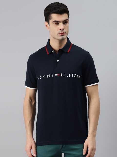 Tommy Hilfiger Men Navy Blue Typography Printed Polo Collar T-shirt