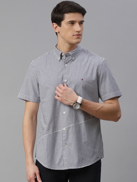 

Tommy Hilfiger Men Navy Blue & Off-White Slim Fit Striped Casual Shirt