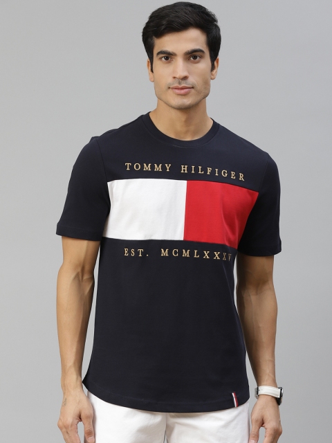 

Tommy Hilfiger Men Navy Blue Red Pure Cotton Brand Logo Printed Pure Cotton T-shirt