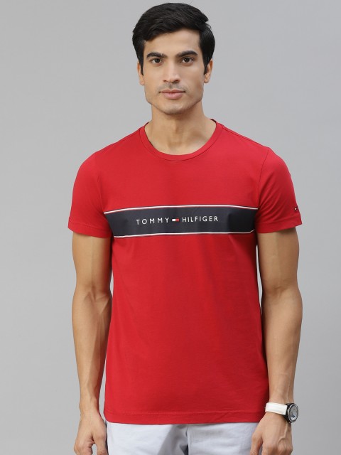 

Tommy Hilfiger Men Red & Navy Blue Organic Cotton Brand Logo Printed T-shirt