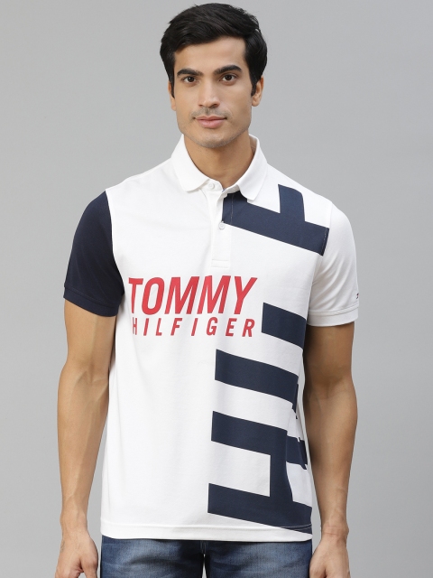 

Tommy Hilfiger Men White Navy Blue Cotton Brand Logo Printed Polo Collar Pure Cotton T-shirt