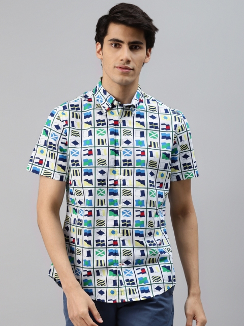 

Tommy Hilfiger Men White & Blue Printed Cotton Casual Shirt