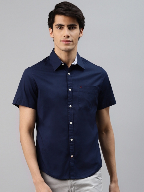 

Tommy Hilfiger Men Navy Blue Solid Knitted Slim Fit Casual Shirt