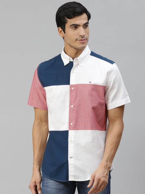 

Tommy Hilfiger Men White & Navy Blue Colourblocked Pure Cotton Casual Shirt