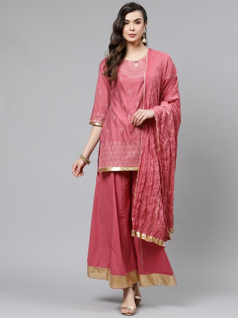 

Laabha Women Coral Embroidered Kurti with Palazzos & Dupatta