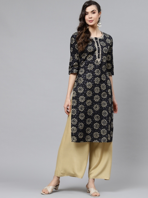

Laabha Women Black & Beige Pure Cotton Ethnic Motifs Printed Thread Work Kurta