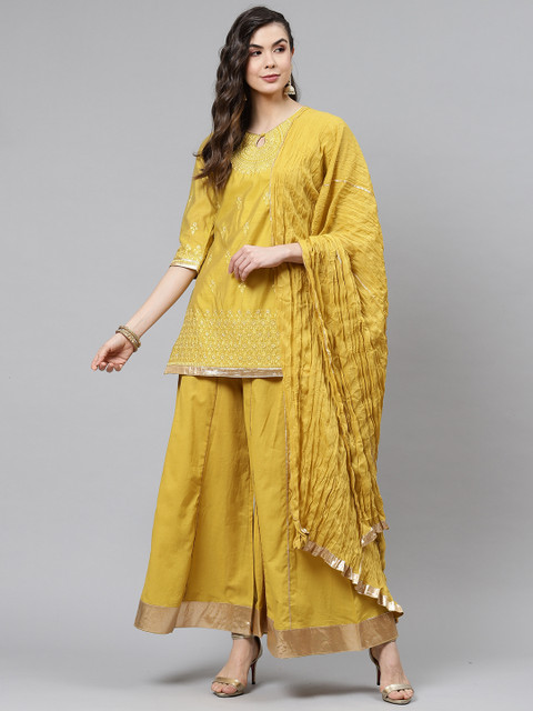 

Laabha Women Mustard Embroidered Kurti with Palazzos & Dupatta