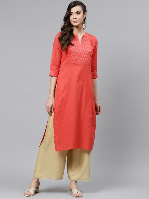 

Laabha Women Coral Pure Cotton Geometric Thread Work Kurta