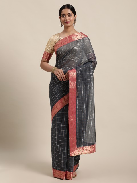 

Mitera Grey & Silver-Coloured Checked Zari Saree