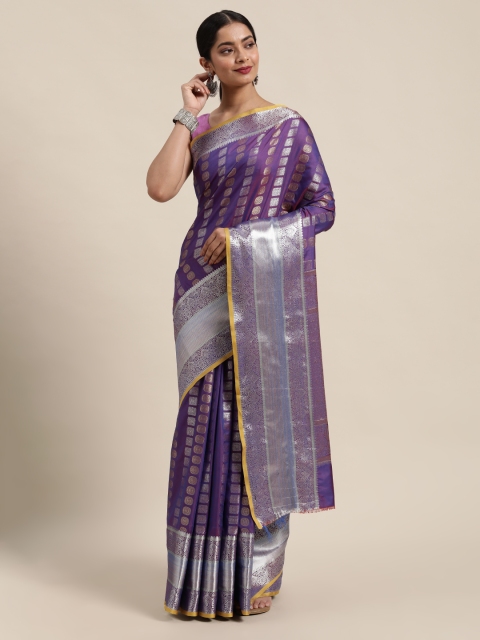 

Mitera Purple & Silver-Coloured Ethnic Motifs Woven Design Zari Banarasi Saree