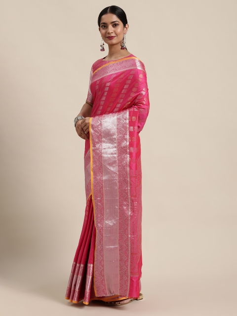 

Mitera Pink & Silver-Coloured Ethnic Motifs Woven Design Zari Banarasi Saree