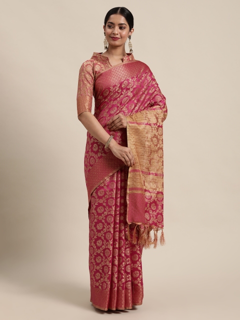 

Mitera Pink & Golden Ethnic Motifs Woven Design Zari Banarasi Saree