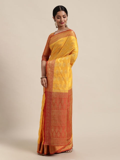 

Mitera Mustard & Red Paisley Kanjeevaram Saree